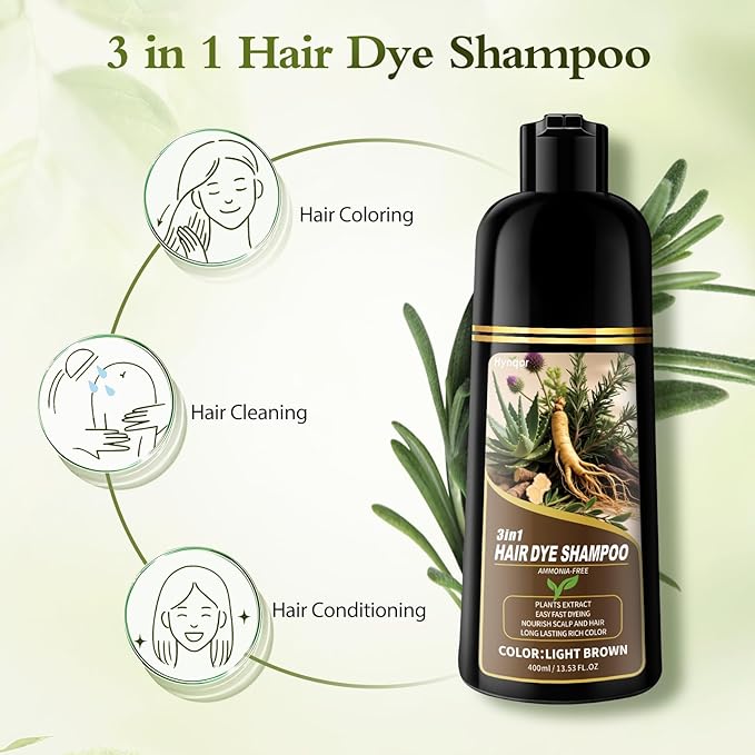 Light Brown Hair Dye Shampoo, 100% Gray Coverage Color Shampoo for Women Men, Natural Herbal Ingredients Semi-Permanent Hair Dye