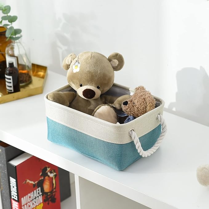 TheWarmHome Fabric Storage Bin with Handles,Storage Basket for Home Storage and Organization, Shelf Basket with Cover for Living Room Bedroom Decor Closet（White & Green,Small ,11.8L×7.9W×5.2H