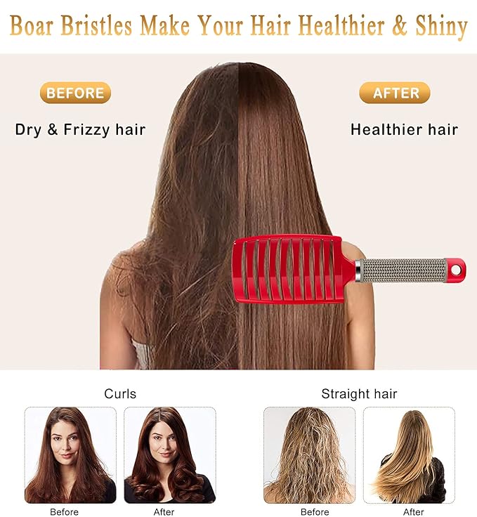 Detangling Brush Boar Bristles Set KTKUDY Hair Brush Curved and Vented Detangler Brush for Women Men Kids Wet and Dry Hair (Red&Black)