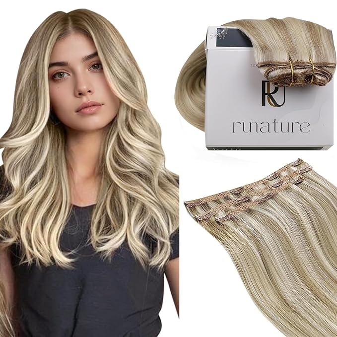RUNATURE Human Hair Clip in Extensions, Remy Clip in Hair Extensions, Real Natural Human Hair for Short Hair Soft Straight 10 Inch 50g 3pcs #8P60 Light Brown Highlight Platinum Blonde
