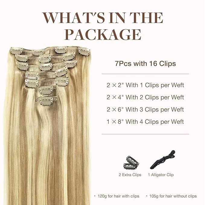 GOO GOO Clip in Hair Extensions Real Human Hair, Remy Human Hair Extensions Clip ins for Women, Natural Human Hair, 20inch 120g 7Pcs, 16/22 Light Blonde Highlighted Golden Blonde