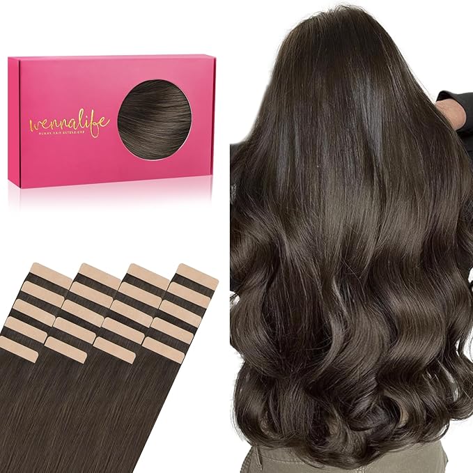 WENNALIFE Tape in Hair Extensions Human Hair, 20pcs 50g 24 inch Cool Dark Brown Remy Hair Extensions Straight Human Hair Tape in Extensions Skin Weft Tape Extensions