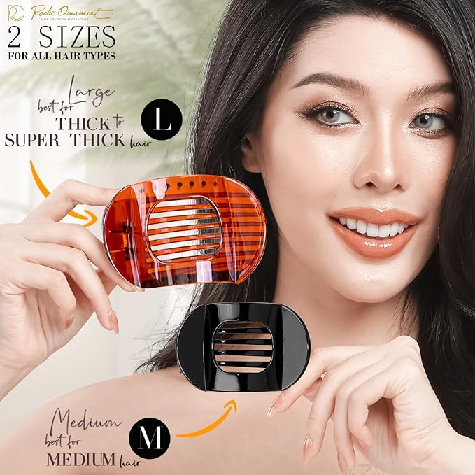 RC ROCHE 6 Pcs Flat Claw Hair Clips for Women Thick Hair French Round Duckbill Square Secure Strong Hold Grip Clamps Barrettes Curved No Slip No Crease Styling Cute Jumbo XL, Large Clear Brown & Black