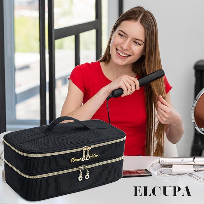 Double-layer Hair Tools Travel Case with Black Hair Dryer Bag with Detachable Divider compatible with Shark FlexStyle/SmoothStyle - Flat Curling Iron Travel Organizer