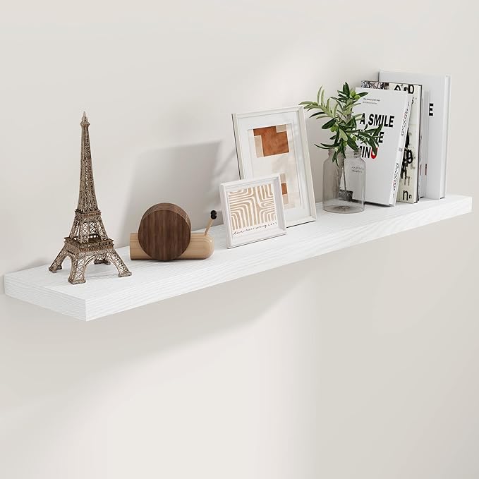 55 Inch Floating Shelves White, Rustic Wood Floating Shelf Wall Mounted, 9 Inch Deep Floating Shelf for Kitchen, Bedroom, 55 x 9 Wall Shelves for Home Storage, Set of 1