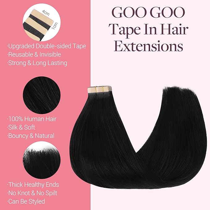 GOO GOO Tape in Hair Extensions Human Hair, 1 Jet black, 14inch 50g 20pcs, Skin Weft Seamless Invisible, Silky Straight with Thick Ends, Remy Human Hair