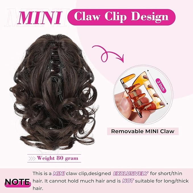 REECHO Ponytail Extension, 9" Claw Clip in Short Curly Wavy Pony Hair Extension Jaw Clip on Pony Tail HP001 Hairpiece for Women - Chocolate Brown with Highlights