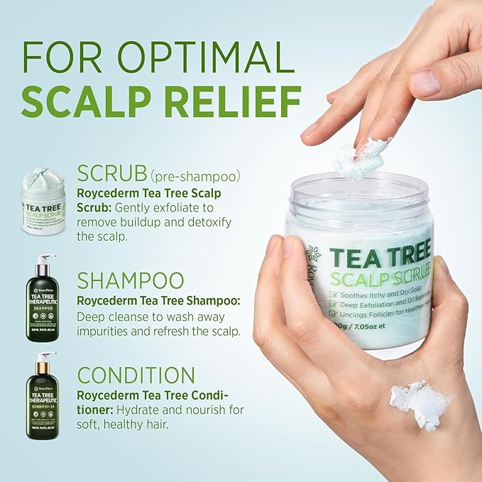 Roycederm Tea Tree Antifungal Scalp Care Set – Pre-Shampoo Scrub + Tea Tree Antifungal Shampoo + Hydrating Conditioner – Itchy & Dry Scalp Relief, Dandruff & Folliculitis Treatment
