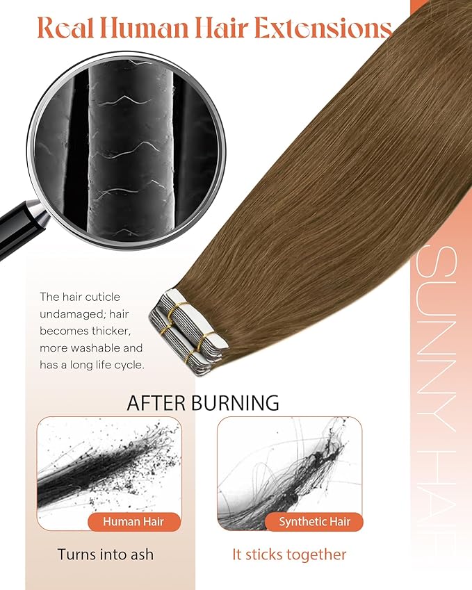 Sunny Hair Tape in Hair Extensions Real Human Hair Invisible Remy Hair Extensions Tape ins for Women Light Brown 20 inch 20Pcs