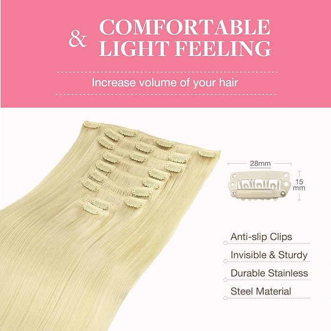 GOO GOO Clip in Hair Extensions Real Human Hair, Remy Human Hair Extensions Clip ins for Women, Natural Human Hair, 14inch 150g 9Pcs, 613R Bleach Blonde