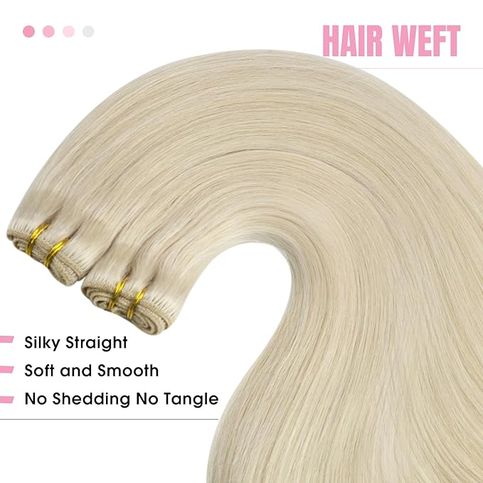 YoungSee Human Hair Weft Extensions Blonde Sew in Hair Extensions Real Human Hair Platinum Blonde Soft and Silky Double Weft Human Hair Extensions 24Inch 100G