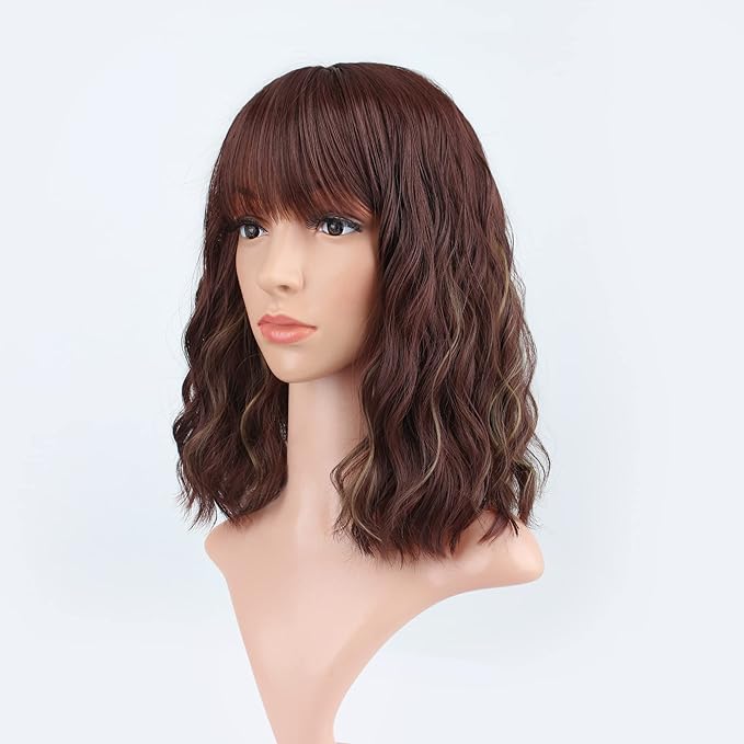 FAELBATY Short Brown Wig Highlight Gold Wigs With Bangs Women's Reddish Brown Mixed Blonde Bob Wig Curly Wavy Synthetic Cosplay Wig Shoulder Length Wig for Girl's Costume Wigs (12" 33/27)