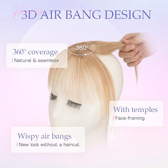 Hairro Bangs Hair Clip 3D 360°Cover Clip On Bangs Remy Human Hair Topper With Bangs Fringe French Bangs With Temples Clip In Bangs Hair Extensions 8 Inches 10g #27 Dark Blonde