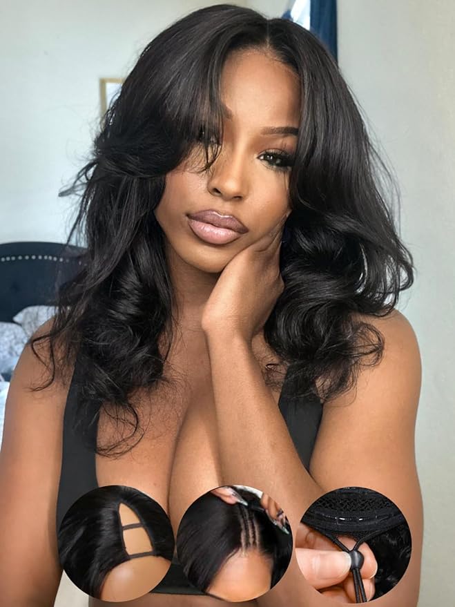 KLAIYI EasiContour V Part Wig Human Hair Body Wave Glueless Upgrade U Part Wig No Leave Out No Gel Clip in Half Wig V Shape Pull and Go Beginner Friendly Ready to Wear Natural Black Color 150% 20Inch