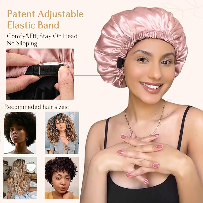 YANIBEST Adjustable Satin Bonnet Double Layer Hair Bonnet for Sleeping Bonnets for Women Hats Curly Natural Hair, Hot Pink