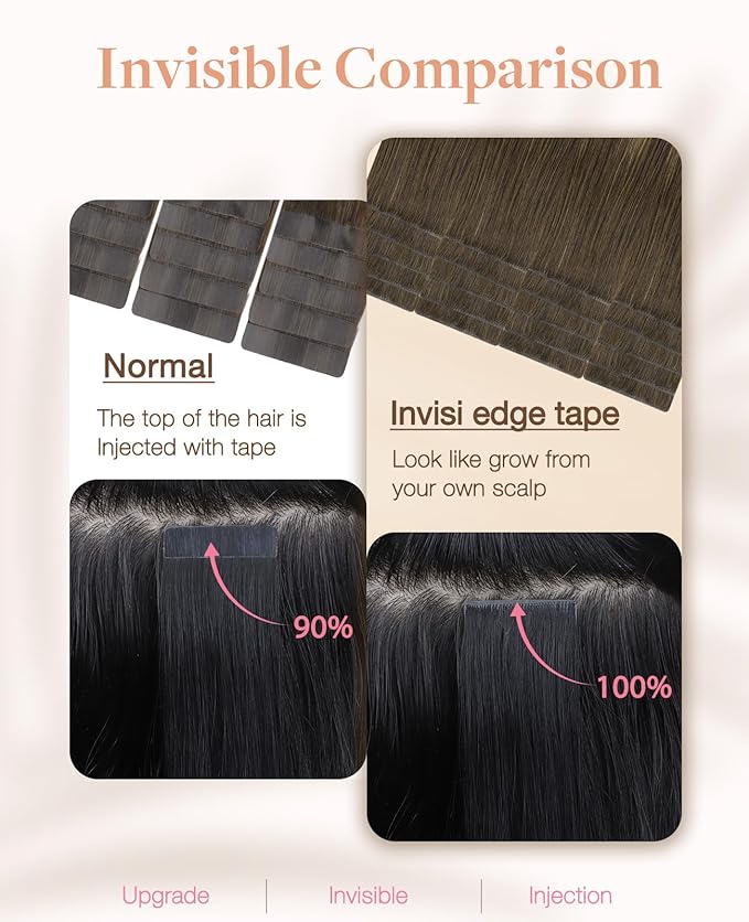 GOO GOO Invisi Edge Tape in Hair Extensions Human Hair, 4/26/4 Balayage Chocolate Brown to Honey Blonde 10pcs injected with 10pcs classical tape ins, 16inch 50g, Virgin Remy Hair, Natural Look