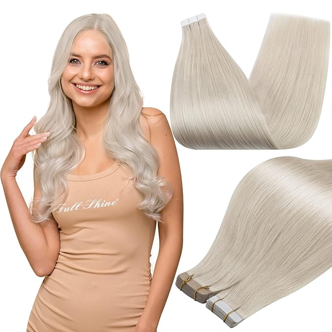 Full Shine Human Hair Tape in Extensions Color 1000 Blonde Tape in Hair Extensions PU Silky Straight Remy Skin Weft Invisible Seamless Extension Double Sided Adhesive for Wedding 30G 20Pcs 12Inch