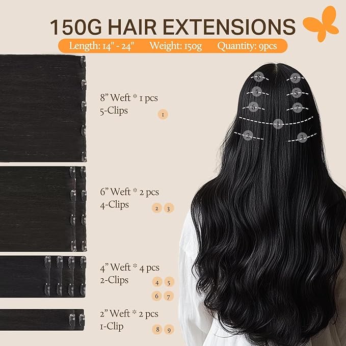 DOORES Hair Extensions Clip in Human Hair, Natural Black 150g 9pcs 16 Inch, Thick Clip in Extensions Remy Straight Natural Thick Weft for Women