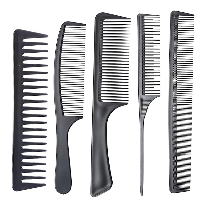 5-Piece Wide Tooth & Fine Tooth Hair Comb Set - Rat Tail Styling Combs for Detangling, Smoothing, Sectioning - All Hair Types - Professional & Home