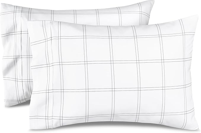 Bare Home Microfiber Pillow Cases - Standard/Queen Size Set of 2 - Cooling Pillowcases - Double Brushed - Pillowcases 2 Pack - Easy Care (Standard, Modern Plaid - White/Grey)
