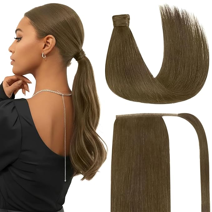 Ve Sunny Hair Extensions Ponytail Real Human Hair Wrap Around Clip in Ponytail Hair Extensions Straight Extensions Human Hair for Women Light Ash Brown 16inch 80G
