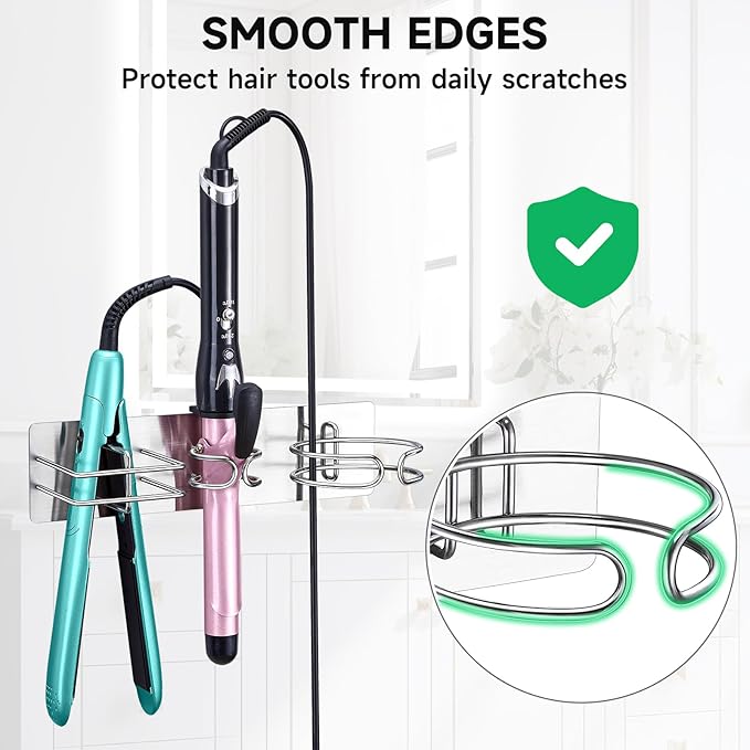 Blow Dryer Holder Wall Mounted Curling Iron Holder, 3 in 1 Hair Tool Organizer for Straightener, Curling Iron, Hair Dryer Holder Adhesive Flat Irons Storage for Bathroom Barber Shop (Silver)