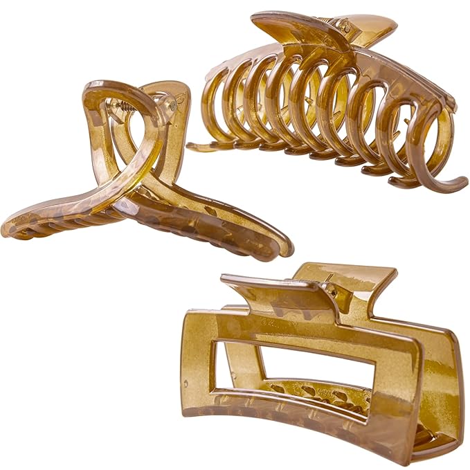 Clear Brown Hair Claw Clips for Thick/Fine/Thin Hair,Strong holding teeth interlocking Women Jaw Clips for Hair 3 Count In set (Candy Coffee)