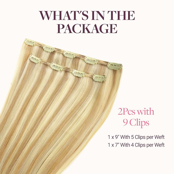 GOO GOO Clip in Hair Extensions Real Human Hair, Remy Human Hair Extensions Clip ins for Women, Natural Human Hair, 16inch 70g 2Pcs, #16/22 Light Blonde Highlighted Golden Blonde