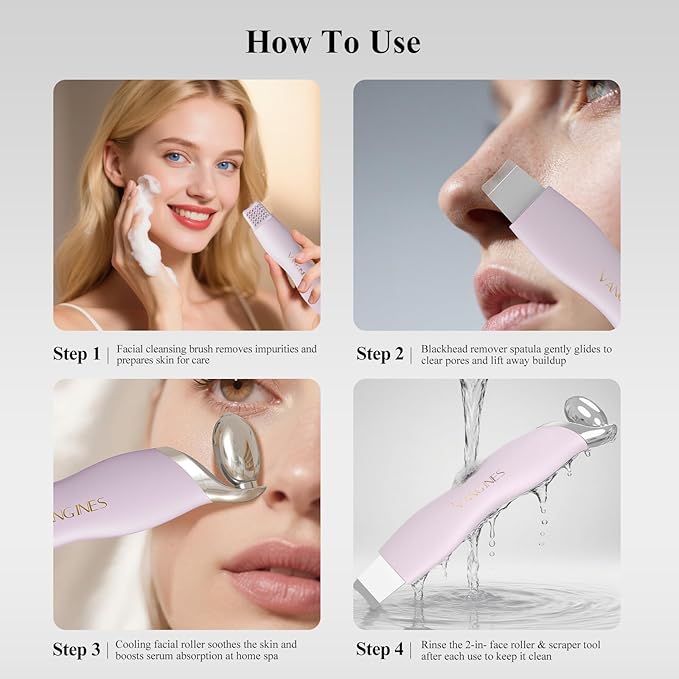 Blackhead Scraper Tool & Skin Scrubber Face Spatula for Blackhead Removal, Pore Cleaning, with Cooling Ice Roller & 2 Silicone Brush Heads (Berry Mauve)