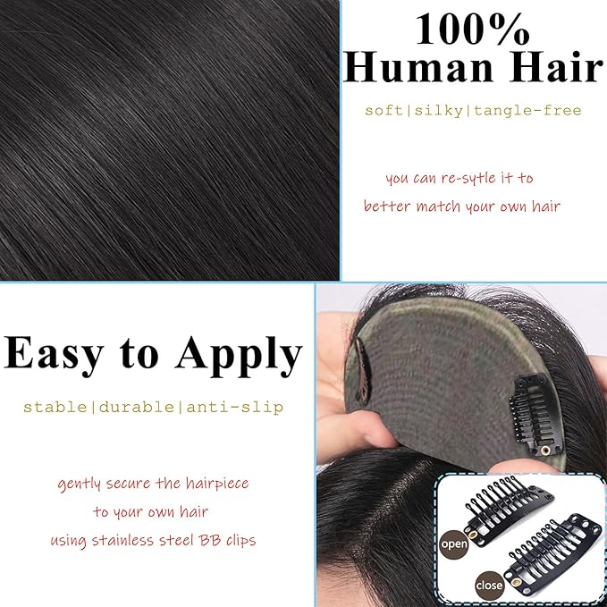 Short Human Hair Topper for Women with Hairloss,Invisible Clip in Straight Topper Hairpiece with Large Mesh 6.3x7 Ins and Silk Top Base Natural Fluffy Wiglet Hairpiece Dark Brown