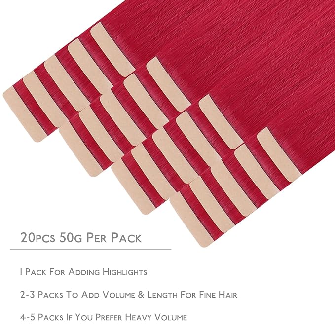 WENNALIFE Tape in Hair Extensions Human Hair, 20pcs 50g 14 inch Red Remy Hair Extensions Straight Human Hair Tape in Extensions Skin Weft Tape Extensions Human Hair