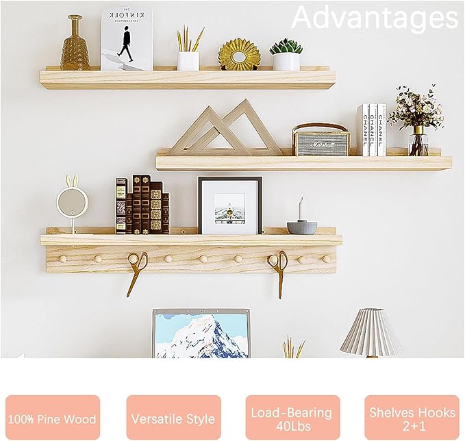 MBYD Wood Wall Shelf With Hooks Floating Shelves for Wall Bathroom Shelves Wall Mounted Nursery Floating Bookshelf for Kids Room Toy Storage Shelf for Bedroom Picture Frames Kitchen (Natural, 36 Inch)
