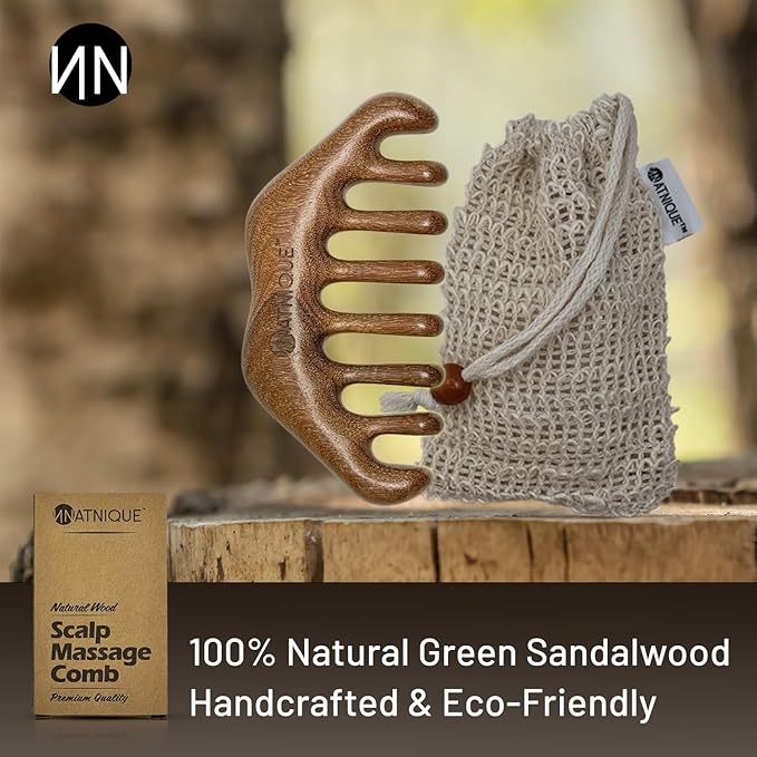 Natnique Wooden Scalp Massager – Handmade Natural Sandalwood Wide Tooth Hair & Beard Comb with Storage Bag – Anti-Static Grooming Tool for Scalp Massage, Detangling, and Daily Care
