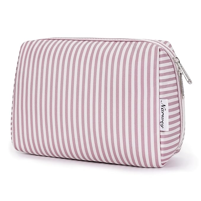 Narwey Striped Makeup Bag Travel Cosmetic Bag Organizer Toiletry Bag Make Up Bags with Compartments for Women Girls (Large, Dusty Rose Stripe)