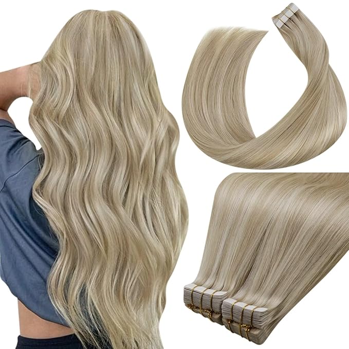 LaaVoo Tape in Human Hair Extensions Dark Ash Blonde Highlighted with Light Blonde Tape in Hair Extensions Seamless 40pcs 100g 14 Inch