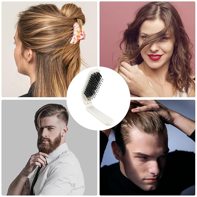 Foldable Hair Brush, Mini Portable Pocket Travel Boar Bristles Brush for Thin Thick Curly Wet Dry Hair, Folding Compact Size, Vacation Friendly