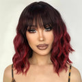 Nnzes Ombre Red Wig with Bangs for Women Bob Wavy Synthetic Wigs with Natural Shoulder Length Curly Heat Resistant Hair for Daily Party Use
