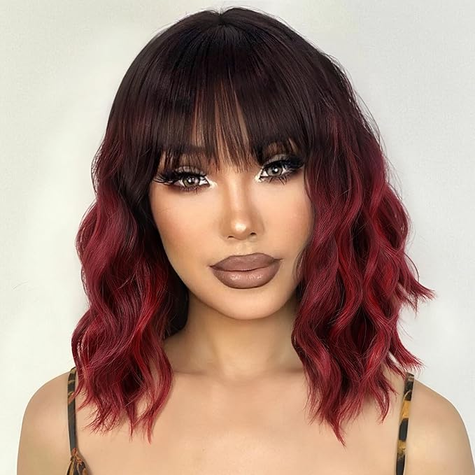 Nnzes Ombre Red Wig with Bangs for Women Bob Wavy Synthetic Wigs with Natural Shoulder Length Curly Heat Resistant Hair for Daily Party Use