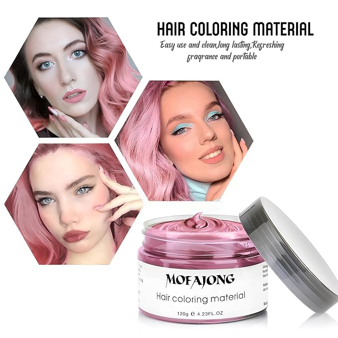 VOLLUCK Temporary Hair Wax Natural Instant Hair Color Wax Pomades 4.23 oz, Dosposable Hair Styling Clay for Party, Festival, Halloween, Christmas, Light Pink