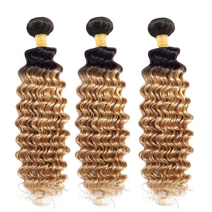 28 30 32 Inch Ombre Blonde Bundles Human Hair 1b27 Deep Wave Bundles Brazilian Virgin Soft and Silky Remy Hair Extensions 2 Tone Black and Honey Blonde Deep Wave Bundle 150g