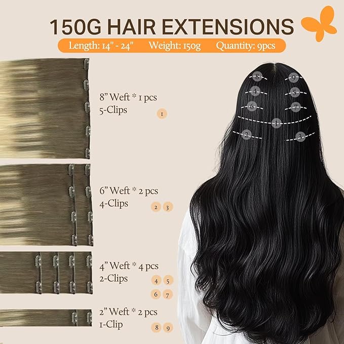 DOORES Clip in Hair Extensions, Real Human Hair, Ash Brown to Platinum Blonde, 150g, 9pcs, 22 Inch, Remy Clip In Hair Extensions, Silky Straight, Thick, Natural
