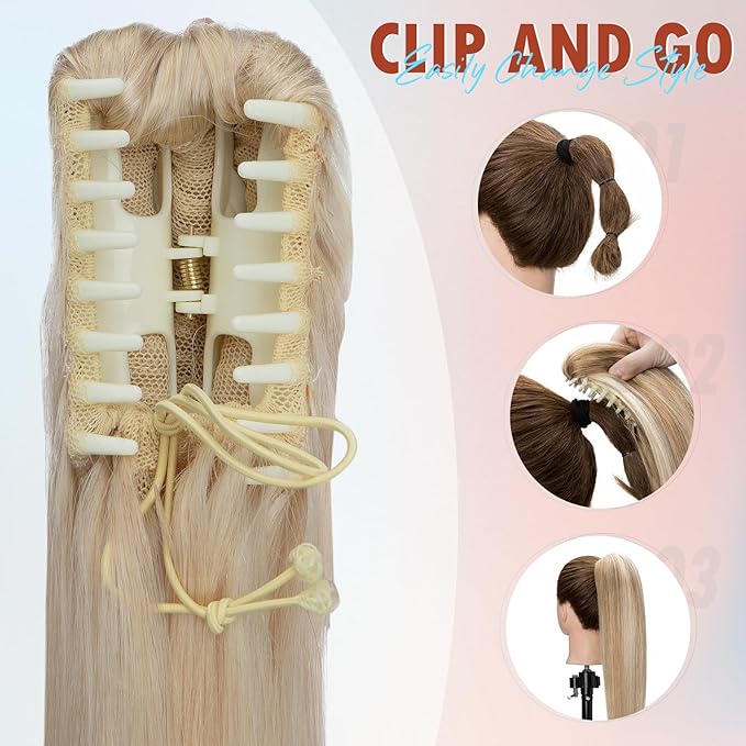 Hairro Clip On Ponytail Hair Extensions Jaw On Claw Clip Ponytails Real Hair Long Jaw/Claw Pony Tail With Clips Hairpieces For Women 16 Inch 105g #60 Platinum Blonde