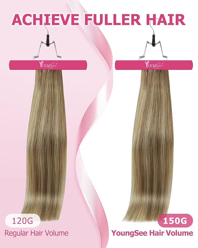 YoungSee Human Hair Clip in Extensions Balayage Light Brown Mix Blonde Invisible Clip in Hair Extensions Human Hair Light Brown Real Human Hair Extensions Clip ins for Full Head 22Inch 7Pcs 120G