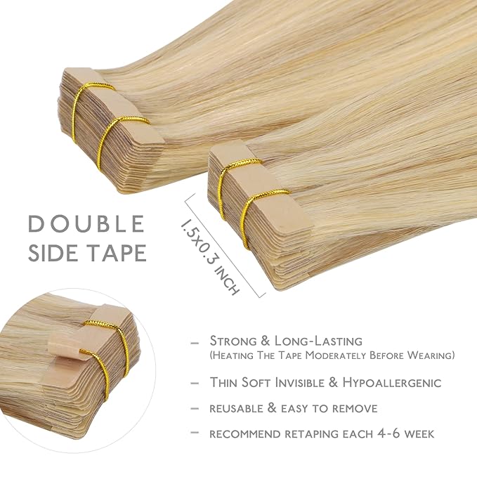 WENNALIFE Tape in Hair Extensions Human Hair, 20pcs 60g 26 inch Light Blonde Highlighted Golden Blonde Remy Hair Extensions Straight Human Hair Tape in Extensions Skin Weft Tape Extensions Human Hair