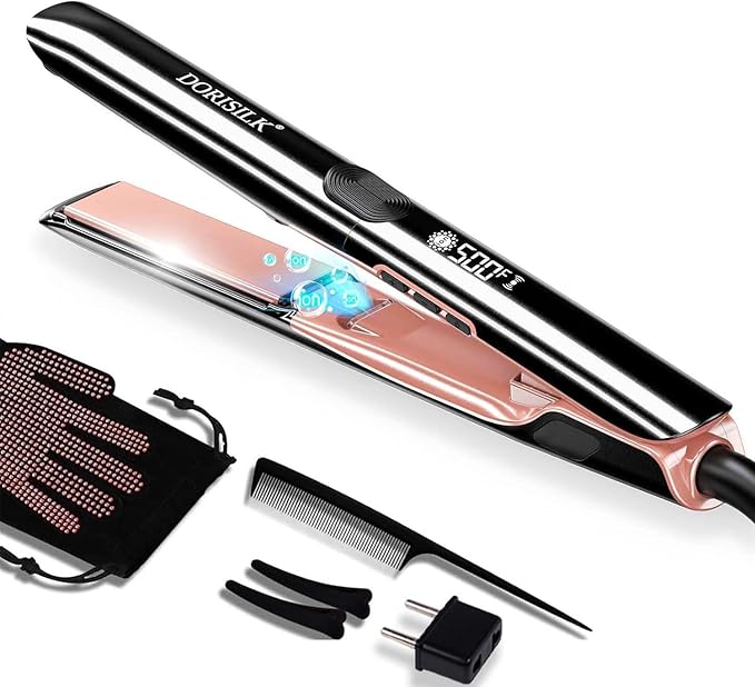 DORISILK 500 Degree High Temp Professional Hair Straightener，30s Fast Heating Ceramic Flat Iron ，2 in 1 Hair Straightener and Curler，Plasma Flat Iron Get Frizz-Free ，Dual Voltage for Travel Using
