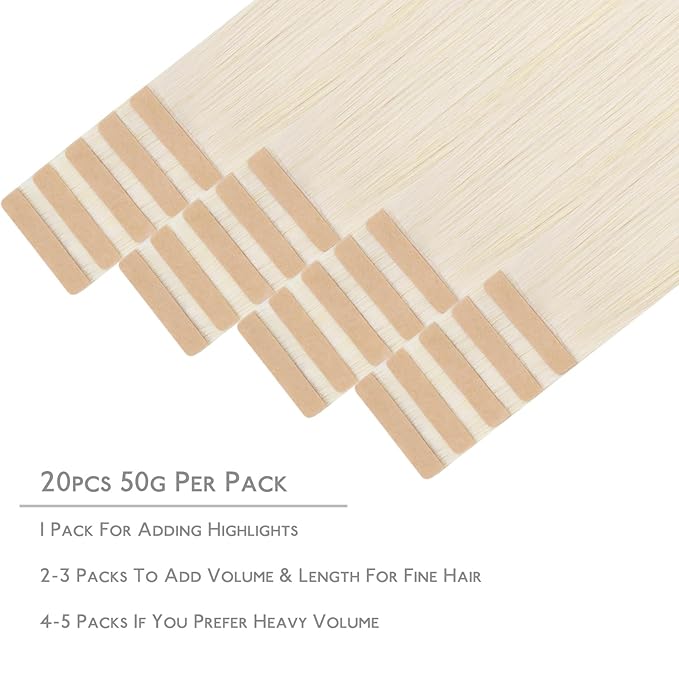 WENNALIFE Tape in Hair Extensions Human Hair, 20pcs 50g 24 inch White Blonde Remy Hair Extensions Straight Human Hair Tape in Extensions Skin Weft Tape Extensions Human Hair