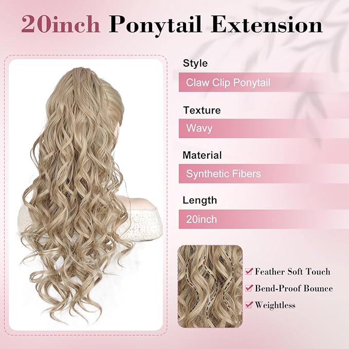 QGZ 20" Wavy Ponytail Extension, Claw Clip Ponytail Hair Extension, Natural Synthetic Hairpiece for Women Daily Use(Dirty Blonde)