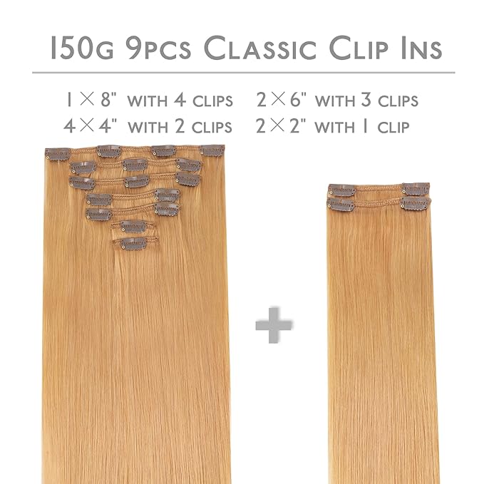 WENNALIFE Clip in Hair Extensions Real Human Hair, 16 Inch 150g 9pcs Human Hair Extensions Clip In, Strawberry Blonde Hair Extensions Clip In Real Hair Coloured Remy Human Hair Extensions