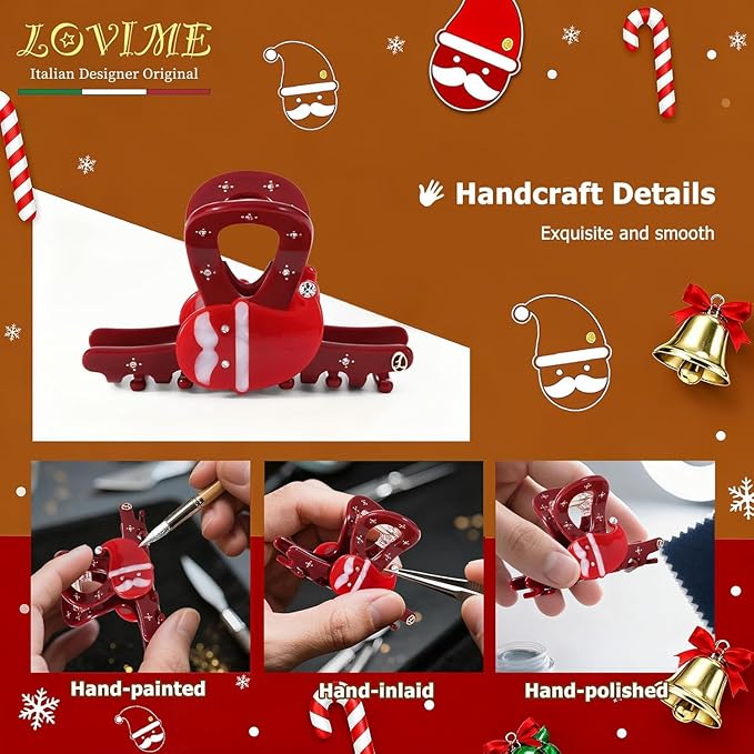 Premium Christmas Red Hair Clips for Women, Christmas Hair Claw Clips for Girls, Original Italian Designed Strong Hold No Slip Claw Clip with Gift Box SANTA SMILES-L
