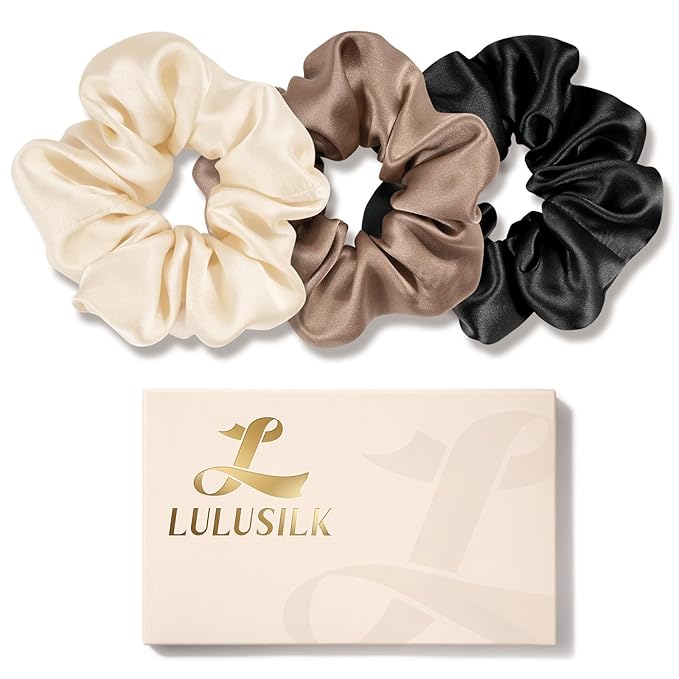 LULUSILK Silk Scrunchies for Hair Sleep, 100% Real Mulberry Silk, No Damage Hair Ties for Women and Girls, Basic Collection, Pack of 3